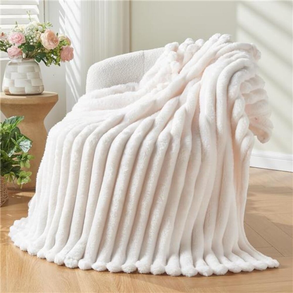 Super Soft Throw Blanket Ivory Ribbed Premium Silky Flannel Fleece 50"x60"
